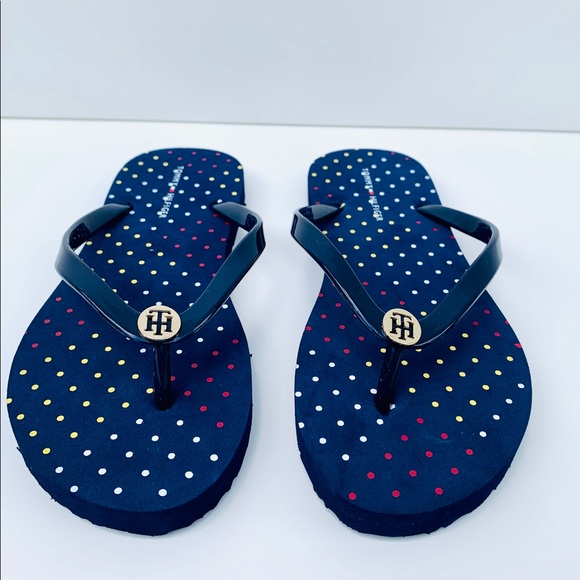 Tommy Hilfiger Flip Flop Navy/Color dots/Gold Sz 7 - Picture 3 of 12